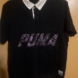 PUMA Black Shirt with White Collar and Purple distressed Logo medium